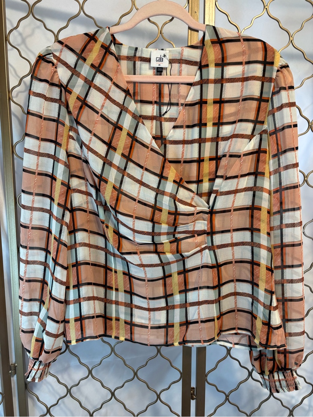 CAbi Peach, White & Yellow Plaid Wrap Blouse NWOT size M